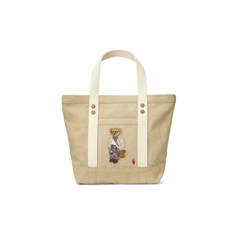 Polo Ralph Lauren Cotton With Leather Decoration Tote Bag Shopping Bag Handbag Small Size Women's Light Brown-0
