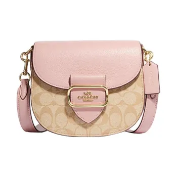 COACH Morgan Canvas With Sheepskin Saddle Bag Shoulder Bag Crossbody Bag Small Size Women's Khaki Monogram & Pink