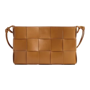 Bottega Veneta Cassette Pouch On Strap Intreccio Camel