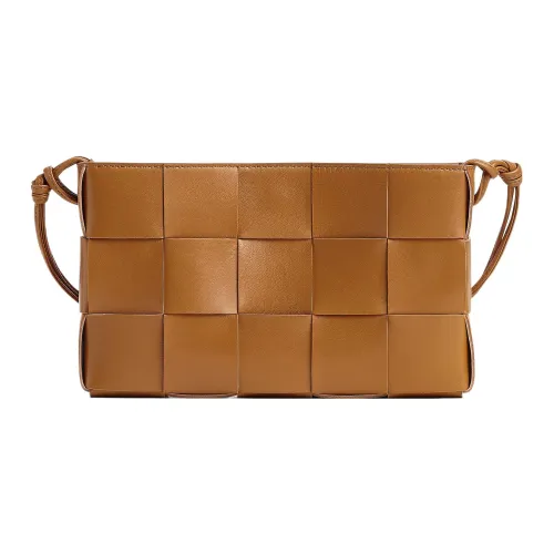 Bottega Veneta Cassette Pouch On Strap Intreccio Camel