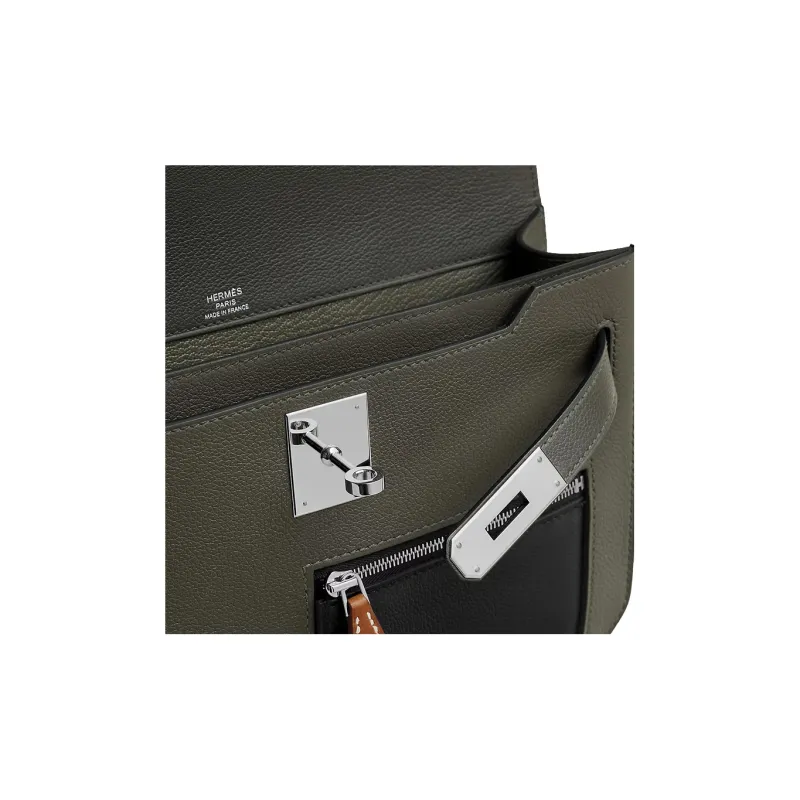 HERMES Kelly DepechesColormatic Cow Leather Clutch Men's Gray Green/Black/Light Tawny-4