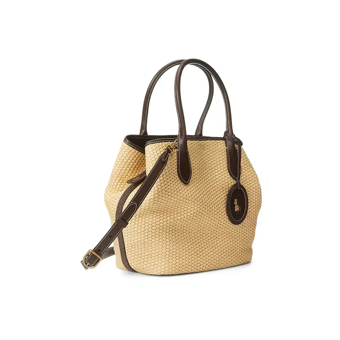 Polo Ralph Lauren Bellport Leather Edges With Straw Woven Tote Bag Shopping Bag Handbag Women's Natural-1