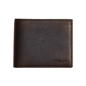 COACH 3 IN 1 Wallet Polished Pebbled Leather With Signature Coated Canvas Card Holder Wallet Women's Black
