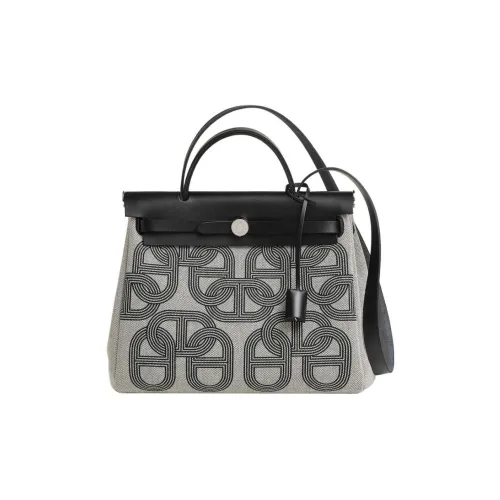 HERMES Herbag Zip H Plume Canvas Handbag Shoulder Bag Canvas Bag Crossbody Bag Women's Black/Light Beige