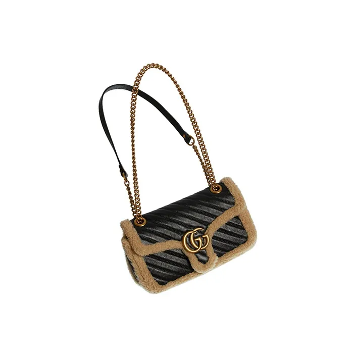 GUCCI GG Marmont Leather And Wool Trim Crossbody Bag Shoulder Bag Small Size Women's Black-2
