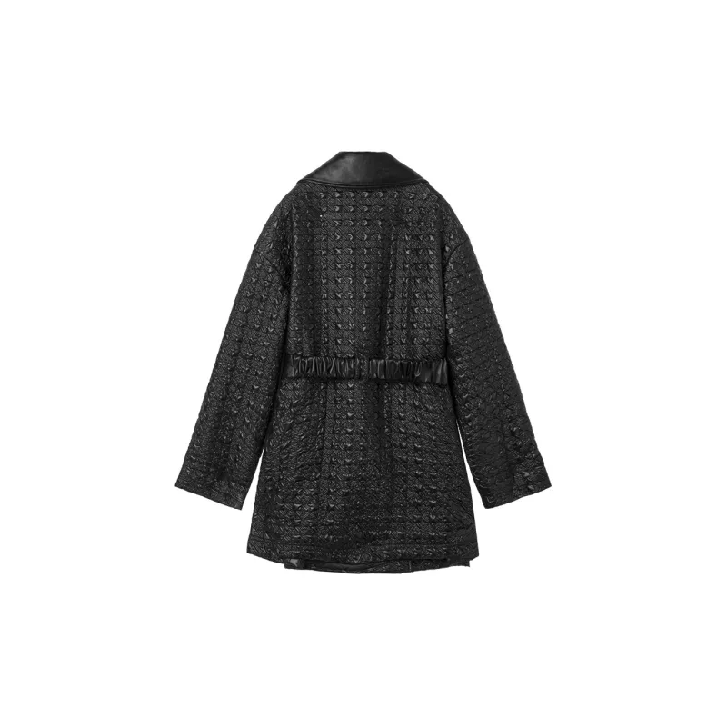 MEETLADY Solid Color Lapel Loose Fit Moderate Puffer Jacket Women's Black-1