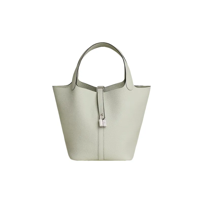 HERMES Picotin Lock Clemence Bullock Leather, Silver Buckle Bucket Bag Handbag 22 Women's 0W Gris Neve Ice Crystal Gray-4