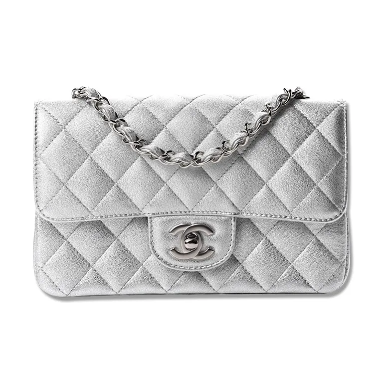 CHANEL Classic Flap CF Lambskin Crossbody Bag, Shoulder Bag Mini Women's Silver-0