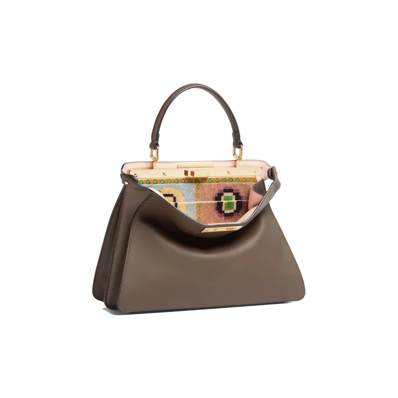 FENDI Peekaboo ISeeU Cow Leather Embroidered Shoulder Bag Crossbody Bag Handbag Medium Size Women's Dark Brown-2