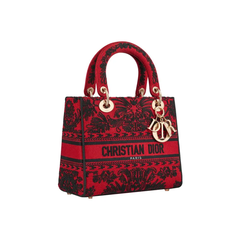 DIOR Lady D Lite Embroidery Shoulder Bag, Crossbody Bag, Handbag Medium Size Women's Red & Black-2