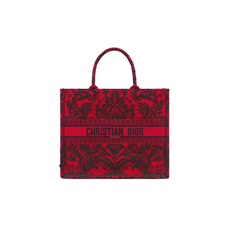 DIOR BookTote Embroidery Tote Bag Shopping Bag Handbag Large Size Women's Red/Black-0
