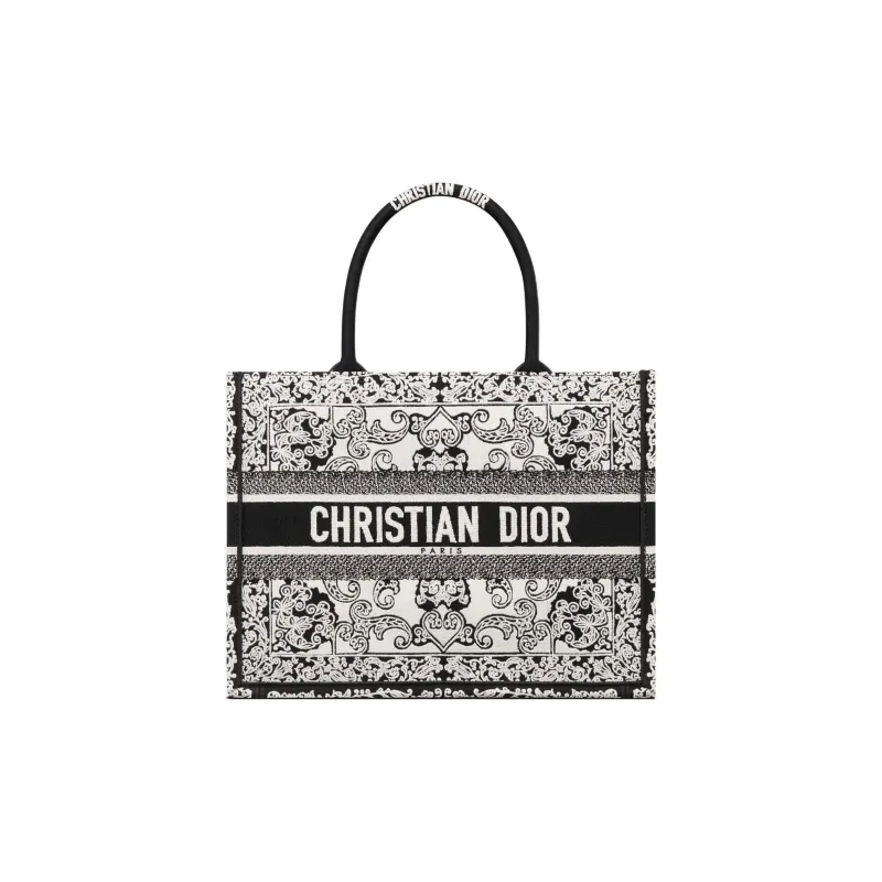 DIOR BookTote Embroidery Tote Bag, Shopping Bag, Handbag Medium Size Women's White/Black-0
