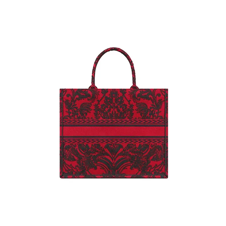 DIOR BookTote Embroidery Tote Bag Shopping Bag Handbag Large Size Women's Red/Black-2