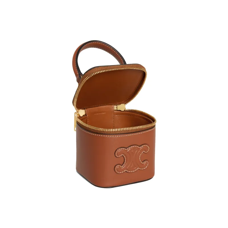 CELINE Smooth Cow Leather Makeup Case, Shoulder Bag, Crossbody Bag, Handbag Mini Women's Tawny-4