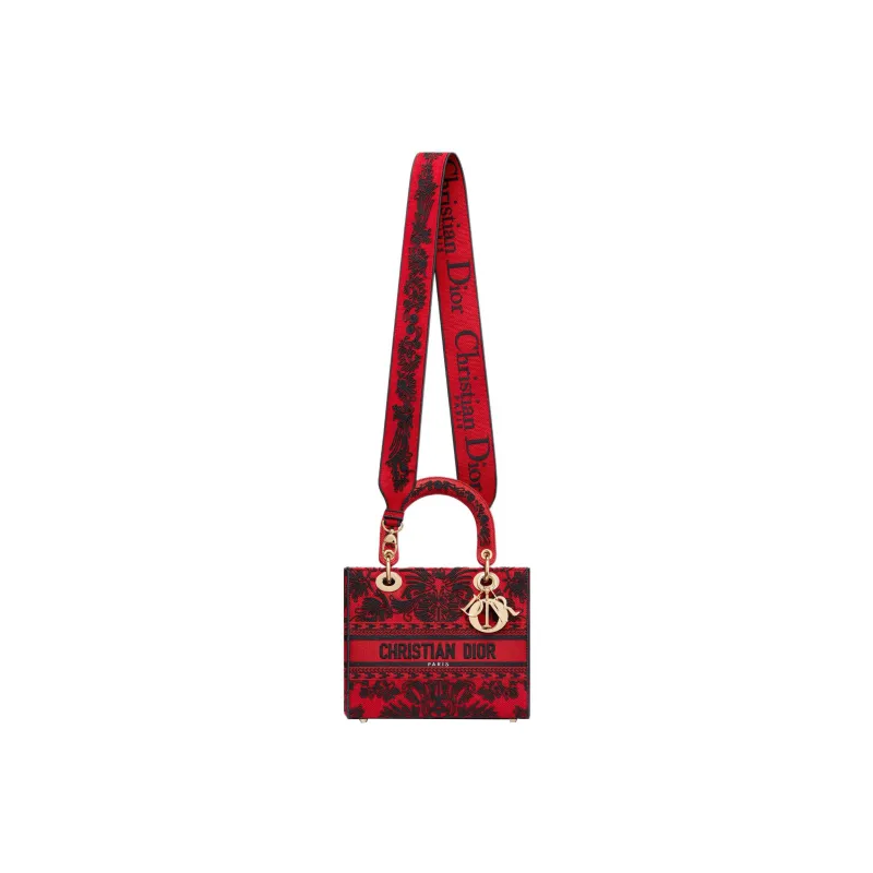 DIOR Lady D Lite Embroidery Shoulder Bag, Crossbody Bag, Handbag Medium Size Women's Red & Black-4