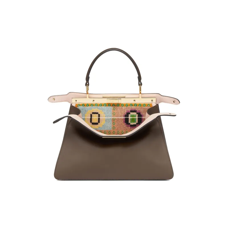 FENDI Peekaboo ISeeU Cow Leather Embroidered Shoulder Bag Crossbody Bag Handbag Medium Size Women's Dark Brown-1