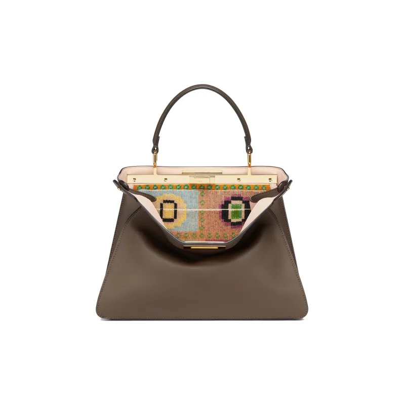 FENDI Peekaboo ISeeU Cow Leather Embroidered Shoulder Bag Crossbody Bag Handbag Medium Size Women's Dark Brown-0