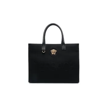 VERSACE Canvas Tote Bag Shopping Bag Shoulder Bag Handbag Large Size Women's Black/Gold