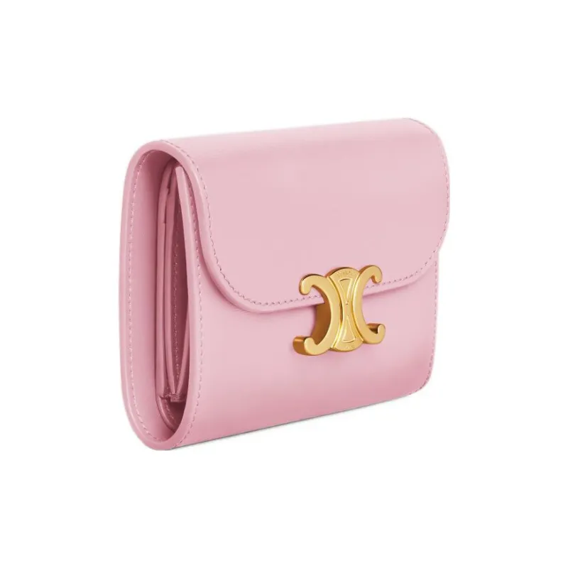 CELINE Triomphe Shiny Cow Leather Wallet Small Size Women's Light Pink Red-1
