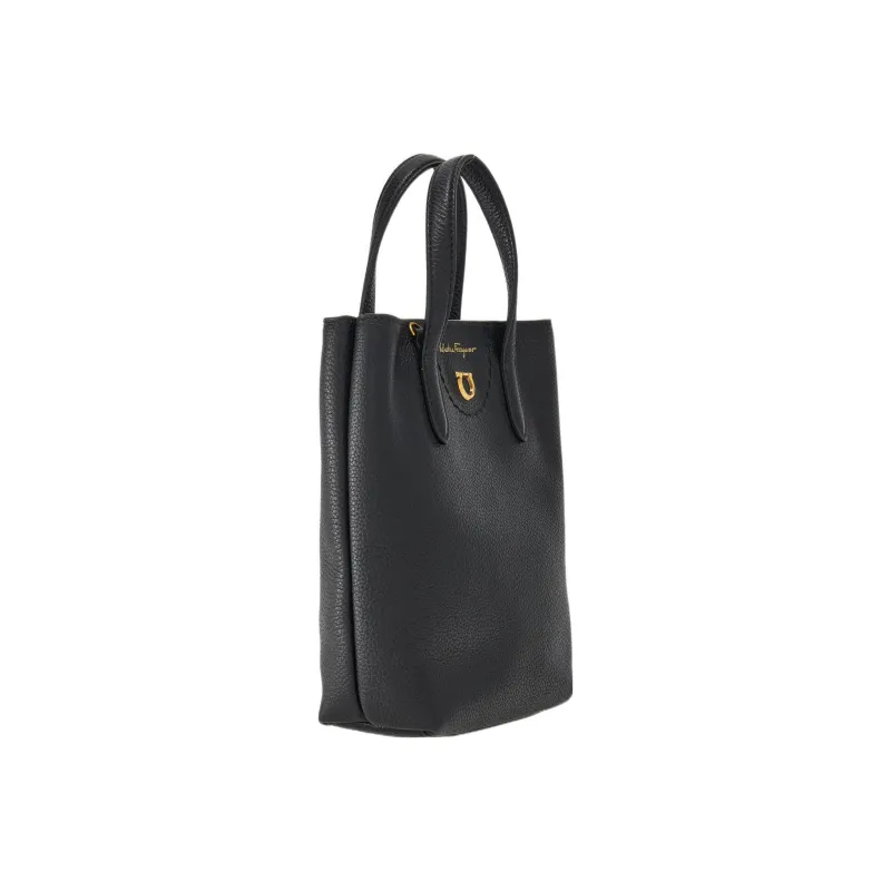 FERRAGAMO GANCINI Textured Cow Leather Tote Bag Shopping Bag Shoulder Bag Crossbody Bag Handbag Mini Women's Black-1