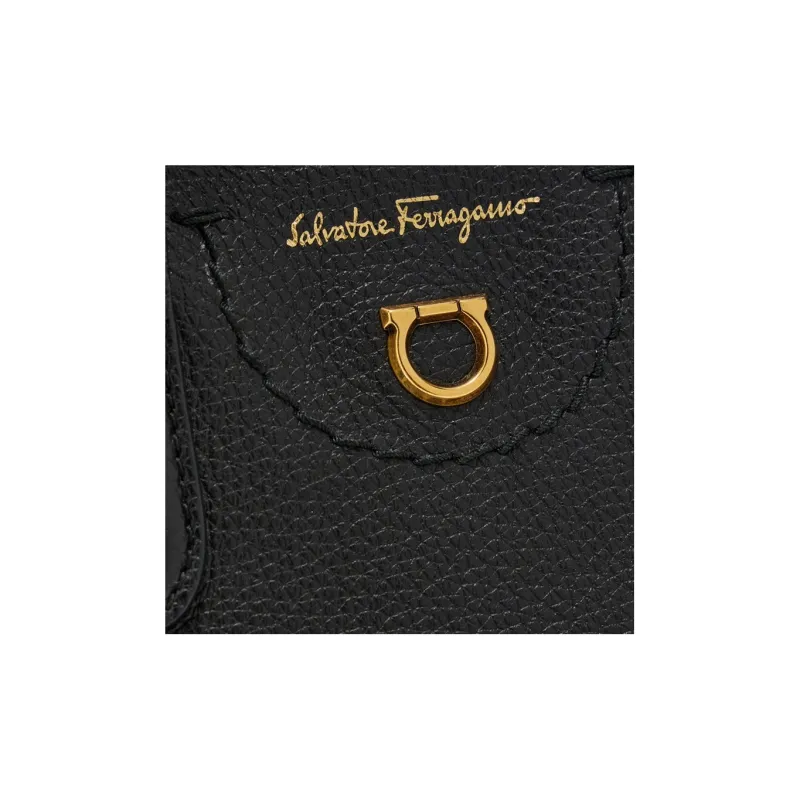 FERRAGAMO GANCINI Textured Cow Leather Tote Bag Shopping Bag Shoulder Bag Crossbody Bag Handbag Mini Women's Black-5