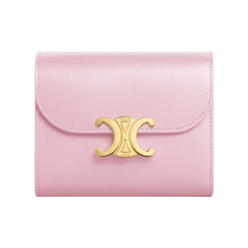 CELINE Triomphe Shiny Cow Leather Wallet Small Size Women's Light Pink Red-0
