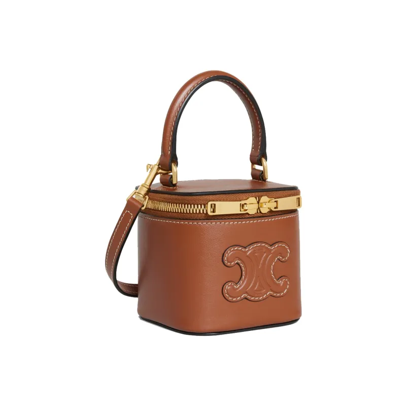 CELINE Smooth Cow Leather Makeup Case, Shoulder Bag, Crossbody Bag, Handbag Mini Women's Tawny-2