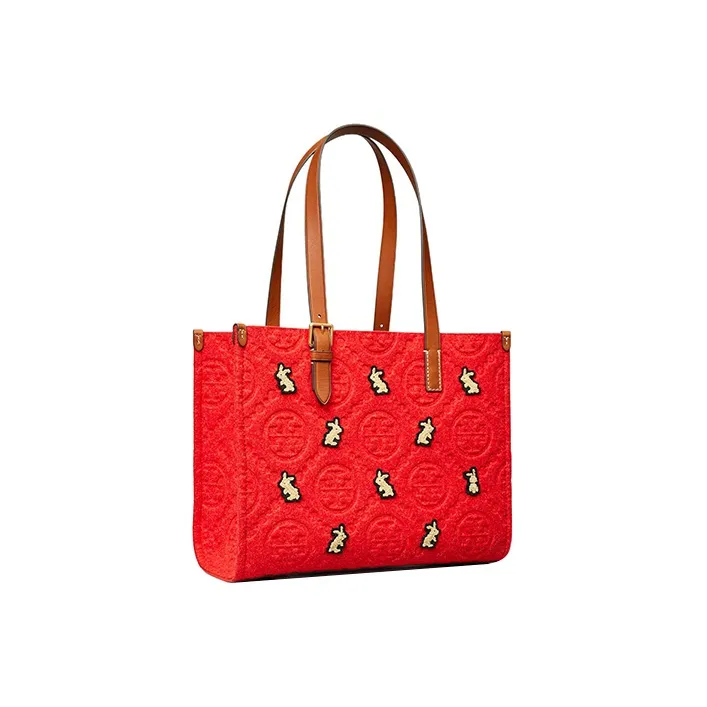 TORY BURCH T Monogram Leather Trim Tote Bag, Shopping Bag, Shoulder Bag, Handbag Small Size Women's Red-1