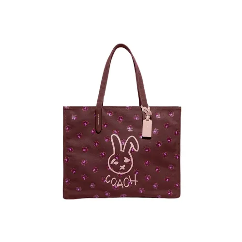 COACH Tote Canvas With Leather Tote Bag Shopping Bag Canvas Bag Handbag Shoulder Bag Women's Burgundy
