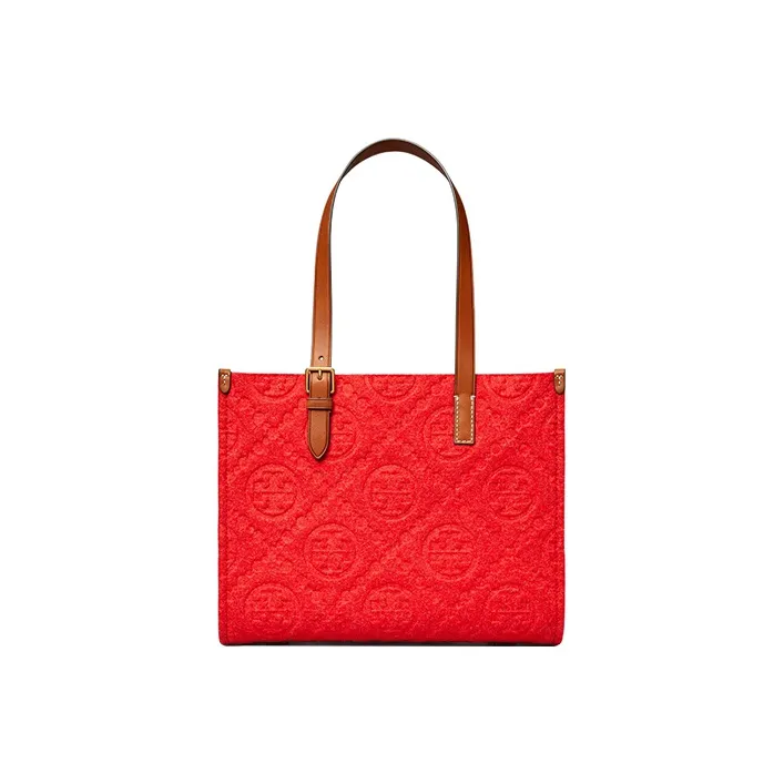 TORY BURCH T Monogram Leather Trim Tote Bag, Shopping Bag, Shoulder Bag, Handbag Small Size Women's Red-2
