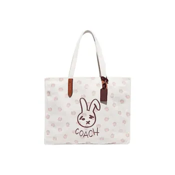 COACH Tote Recycled Canvas With Recycled Leather Canvas Bag One Shoulder Handbag Large Size Women's White
