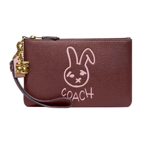 COACH jackets Pebbled Leather Wrist Bag Clutch Small Size Women's Burgundy