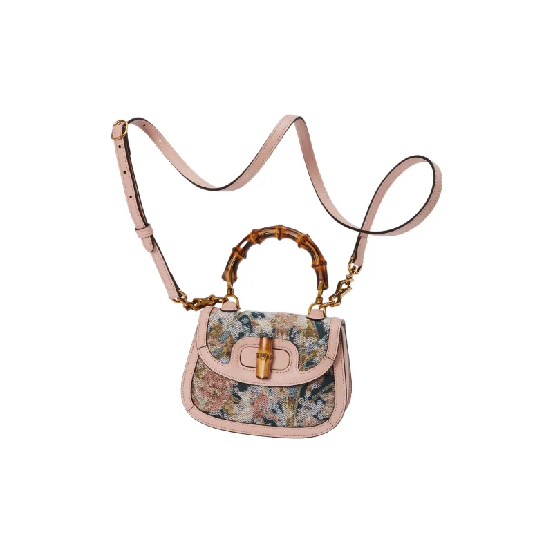 GUCCI Bamboo 1947 Canvas With Leather Trim Bamboo Bag Handbags Shoulder Bags Mini Women's Pink/Multicolor-2