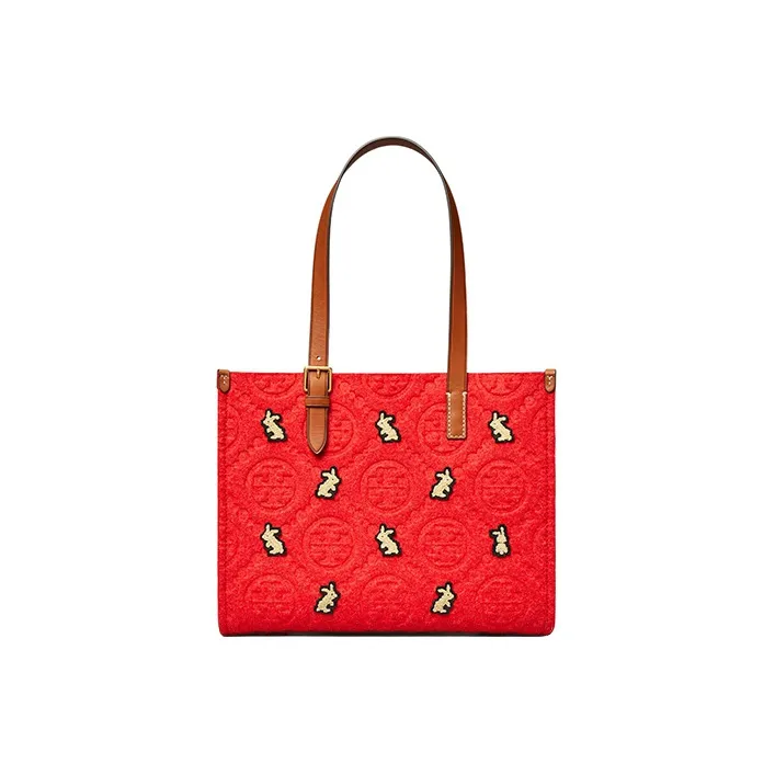 TORY BURCH T Monogram Leather Trim Tote Bag, Shopping Bag, Shoulder Bag, Handbag Small Size Women's Red-0