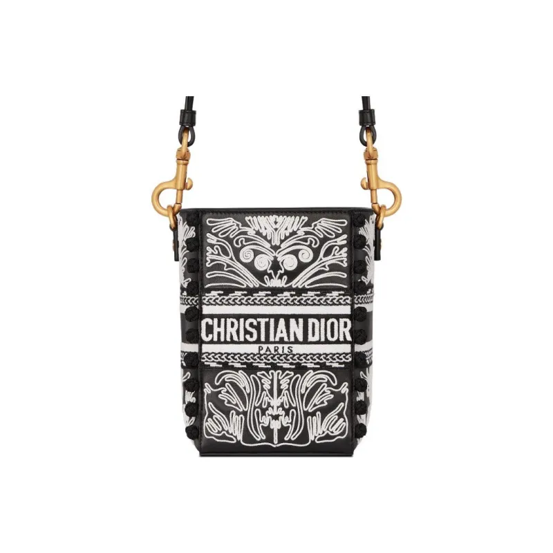 DIOR D Bubble Collection Embroidered Cow Leather Bucket Bags Crossbody Bag Shoulder Bag Women's Black-0