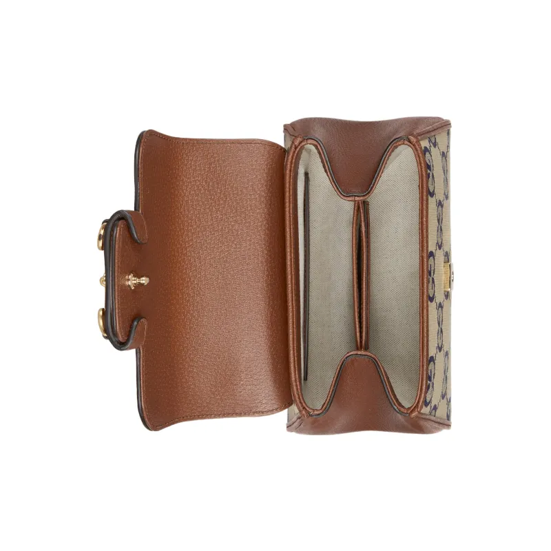 GUCCI Horsebit 1955 Canvas With Leather Shoulder Bag Crossbody Bag Handbag Mini Women's Blue/Brown-5