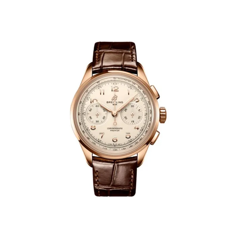 BREITLING Puya Manual Mechanical Movement Men's Watch Beige Watch Dial 18K Red Gold Watch Case Genuine Leather Strap-0