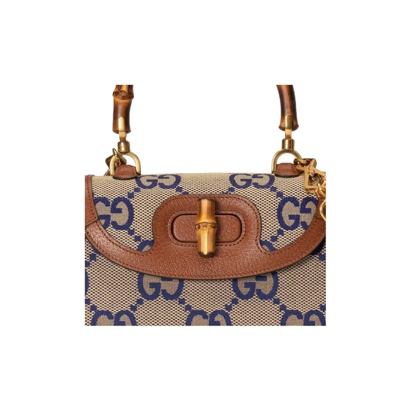 GUCCI Bamboo 1947 Canvas With Leather Shoulder Bag Crossbody Bag Handbag Small Size Women's Blue/Brown-8