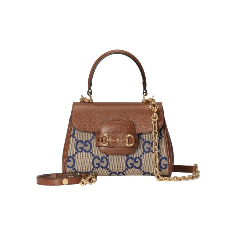 GUCCI Horsebit 1955 Canvas With Leather Shoulder Bag Crossbody Bag Handbag Mini Women's Blue/Brown-1