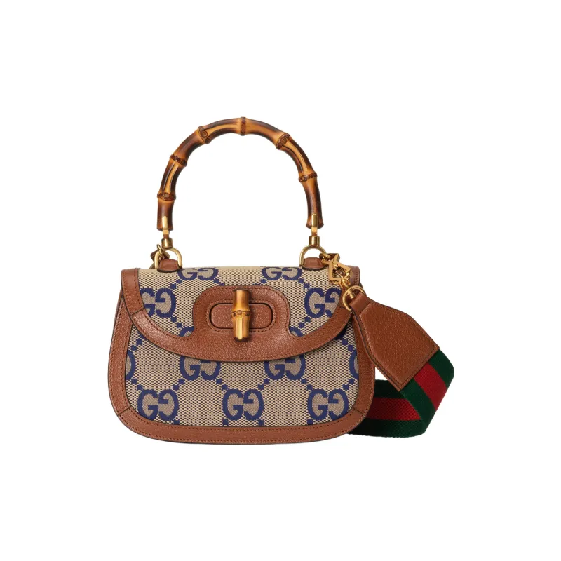 GUCCI Bamboo 1947 Canvas With Leather Shoulder Bag Crossbody Bag Handbag Small Size Women's Blue/Brown-1
