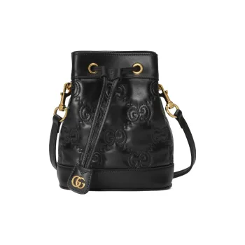 GUCCI GG Matelassé Leather Drawstring Bucket Bag Shoulder Bag, Crossbody Bag Mini Women's Black