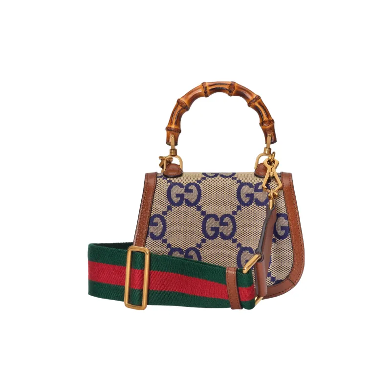 GUCCI Bamboo 1947 Canvas With Leather Trim Bamboo Bag Handbags Shoulder Bags Mini Women's Blue/Brown-3