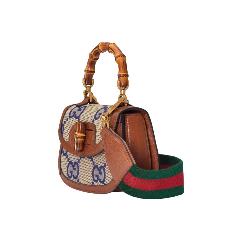 GUCCI Bamboo 1947 Canvas With Leather Trim Bamboo Bag Handbags Shoulder Bags Mini Women's Blue/Brown-2