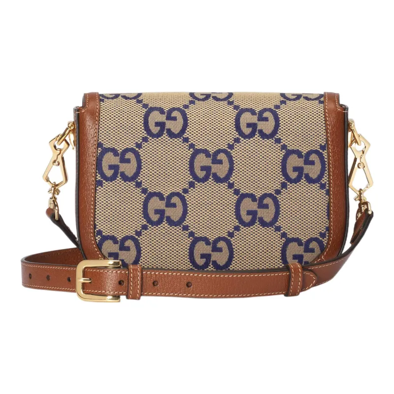 GUCCI Horsebit 1955 Canvas With Leather Canvas Bag, Shoulder Bag, Crossbody Bag Women's Blue/Brown-3