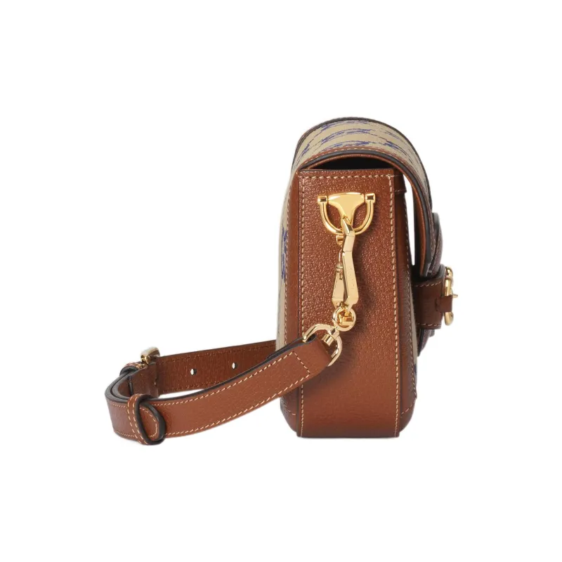GUCCI Horsebit 1955 Canvas With Leather Canvas Bag, Shoulder Bag, Crossbody Bag Women's Blue/Brown-4