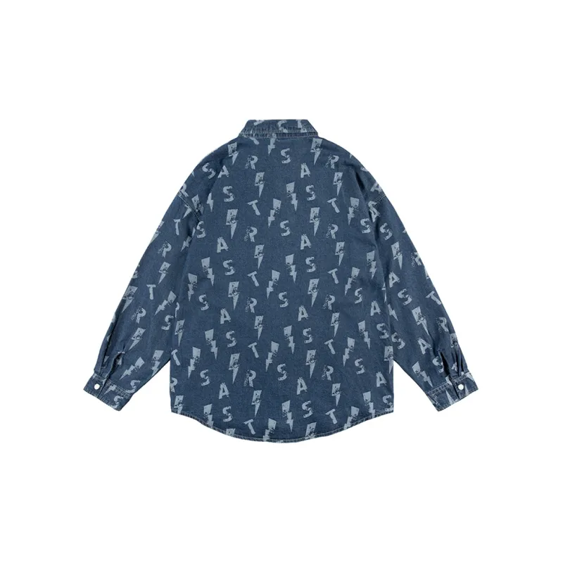 LOMBT Letter All Over Print Heavy Washed Denim Shirt Spring And Autumn Unisex Blue-1