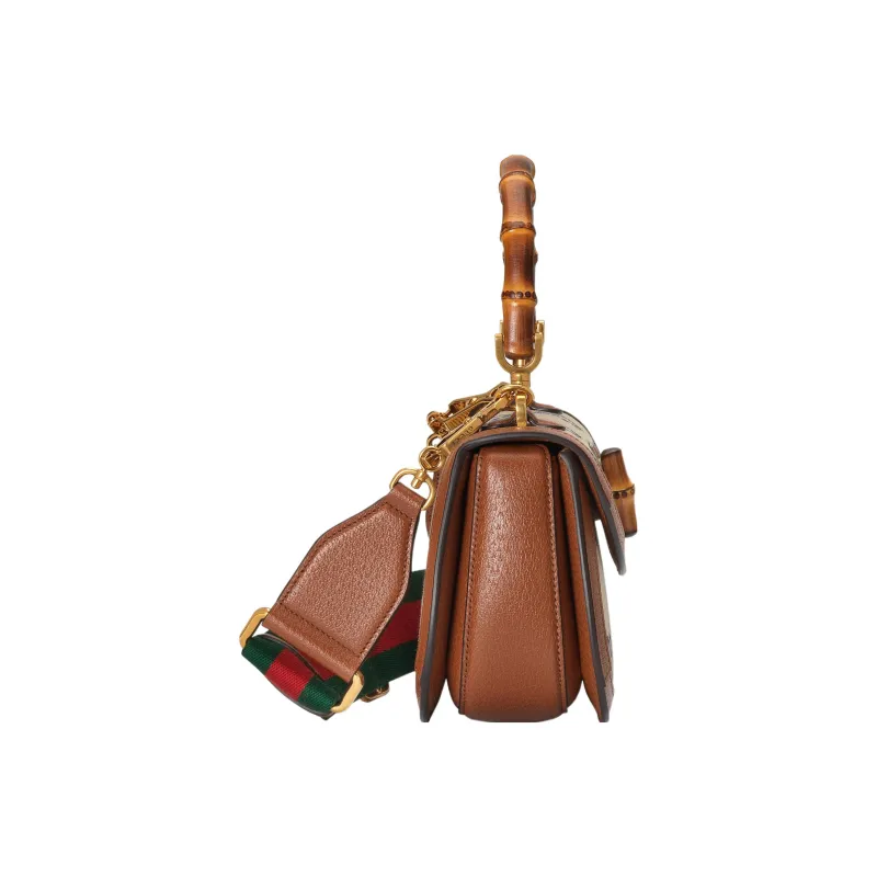 GUCCI Bamboo 1947 Canvas With Leather Shoulder Bag Crossbody Bag Handbag Small Size Women's Blue/Brown-4