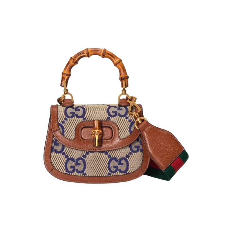 GUCCI Bamboo 1947 Canvas With Leather Trim Bamboo Bag Handbags Shoulder Bags Mini Women's Blue/Brown-1