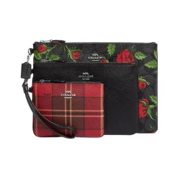COACH Coated Canvas With Refined Pebbled Leather Coin Purse Three-Piece Set Wrist Bag Clutch Regular Women's Multicolor