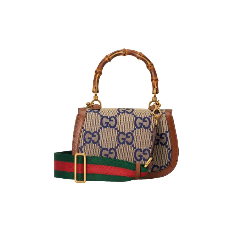 GUCCI Bamboo 1947 Canvas With Leather Shoulder Bag Crossbody Bag Handbag Small Size Women's Blue/Brown-3
